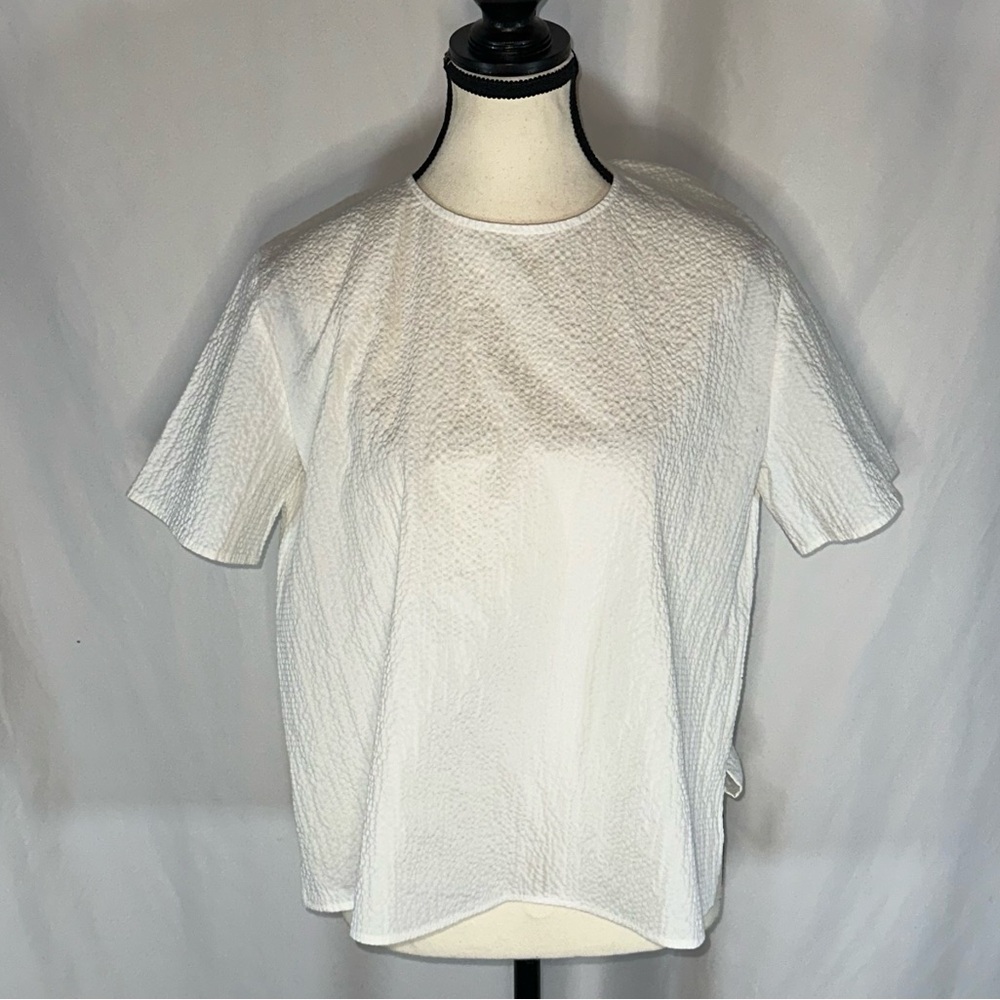 Eileen Fisher White Seersucker Textured Boxy Tee Sz Small Petite Clean Lagenlook - Picture 1 of 13